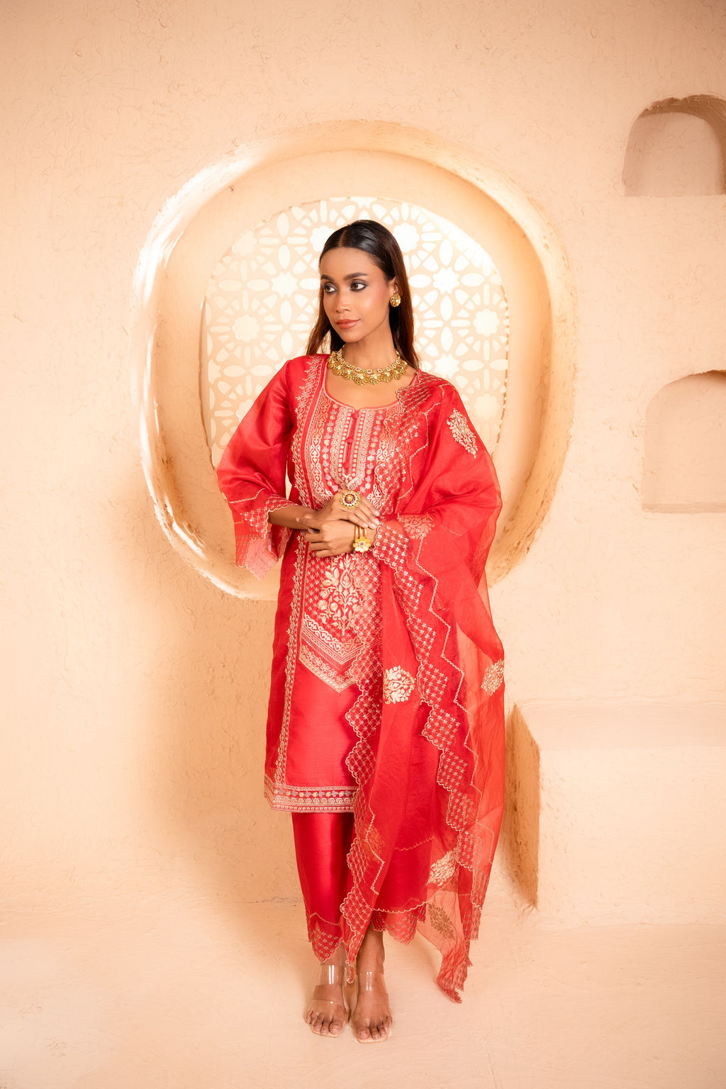 Sanjh Chanderi Embroidered Red  Suit Set