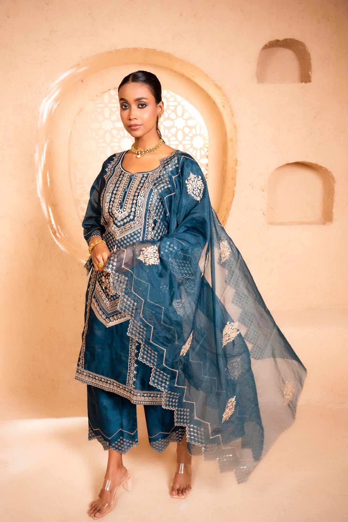 Sanjh Chanderi Embroidered Navy Blue  Suit Set