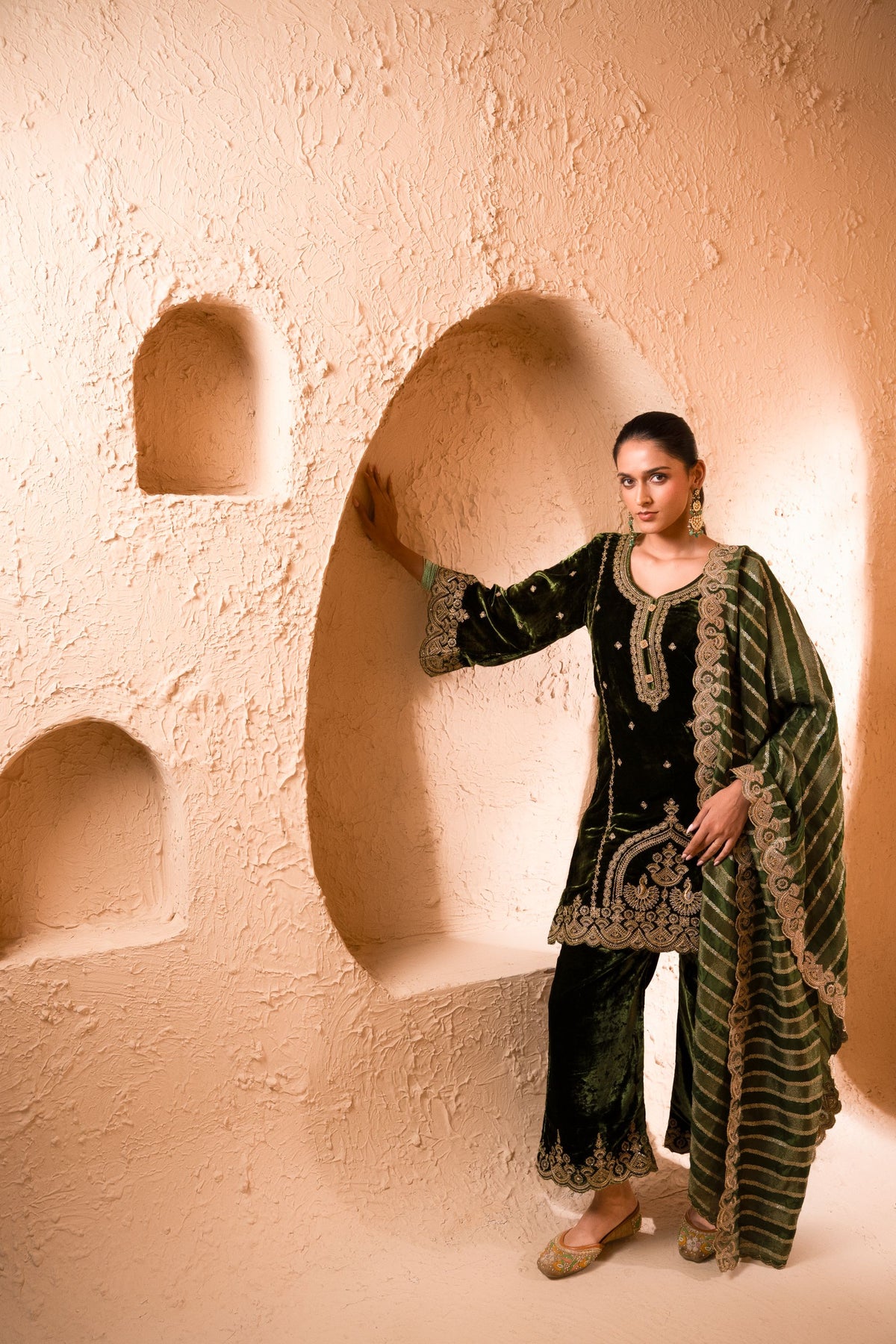 Saaz Silk Velvet Embroidered Mehndi Green  Suit Set