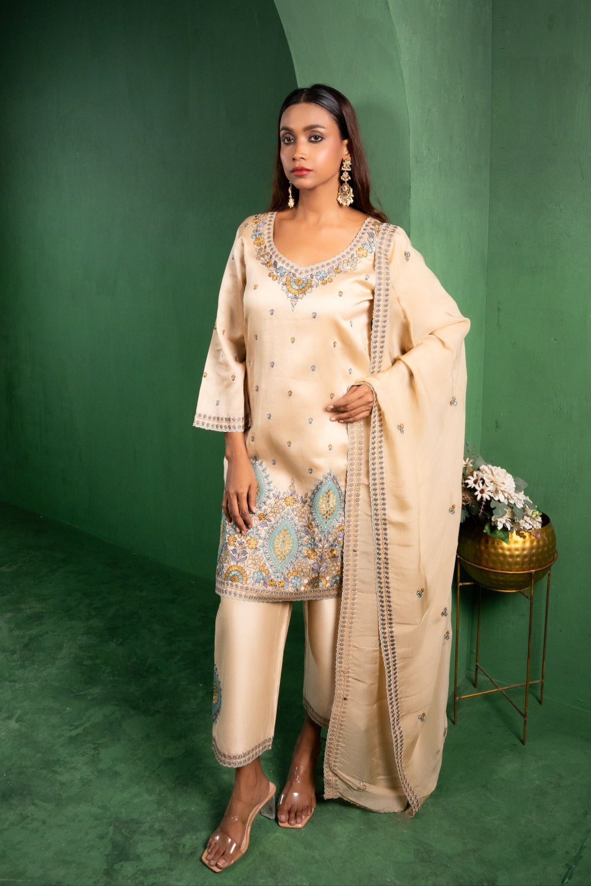 Meher Silk Chanderi Embroidered Beige  Suit Set