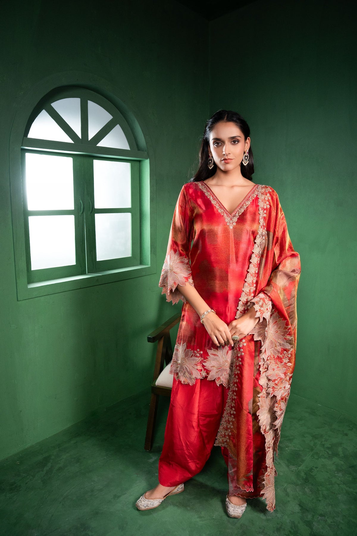 Aas Tissue Embroidered Red  Kurta with Farsi Salwar