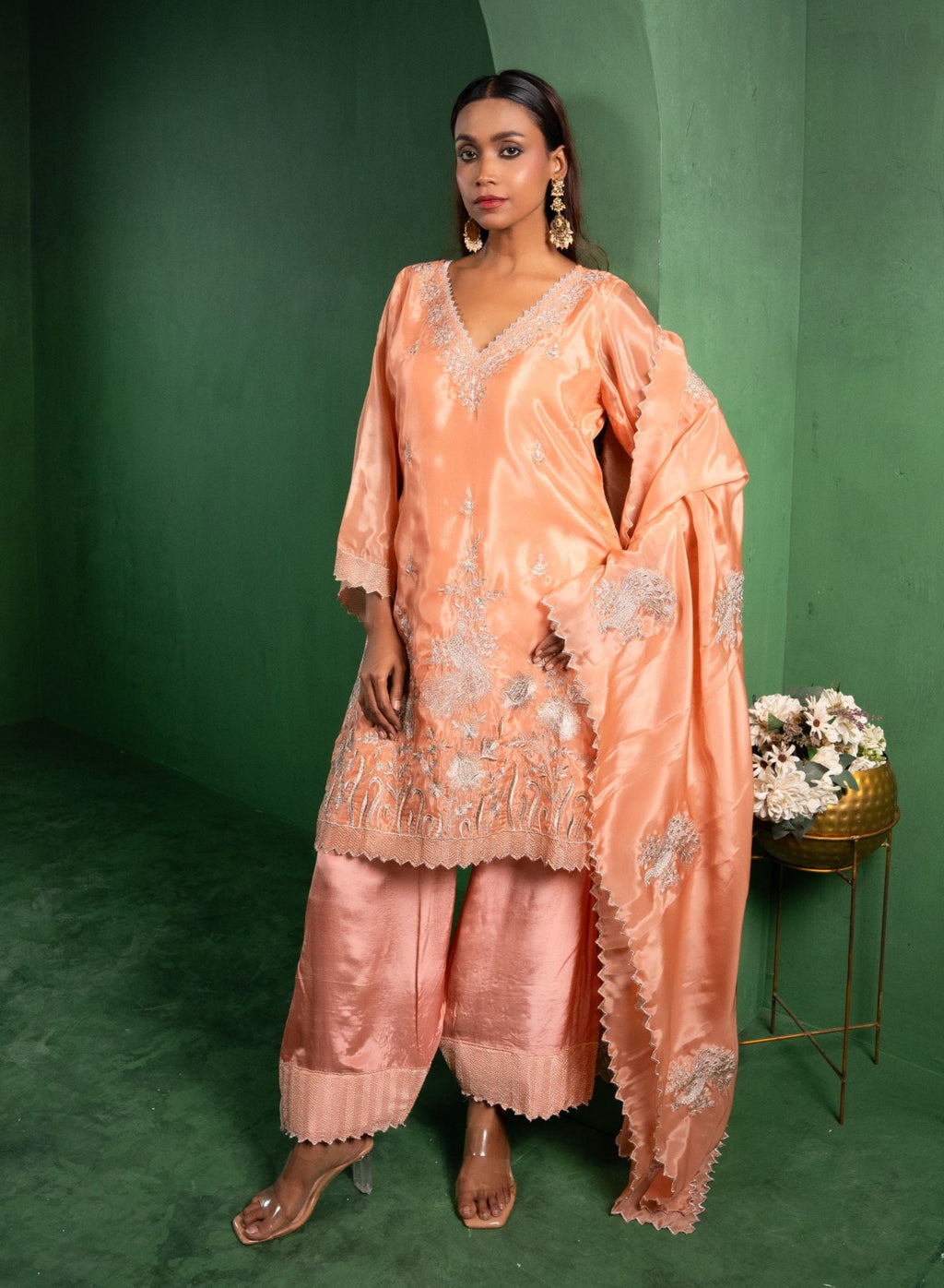 Rang Organza Embroidered Peach  Kurta with Farsi Salwar