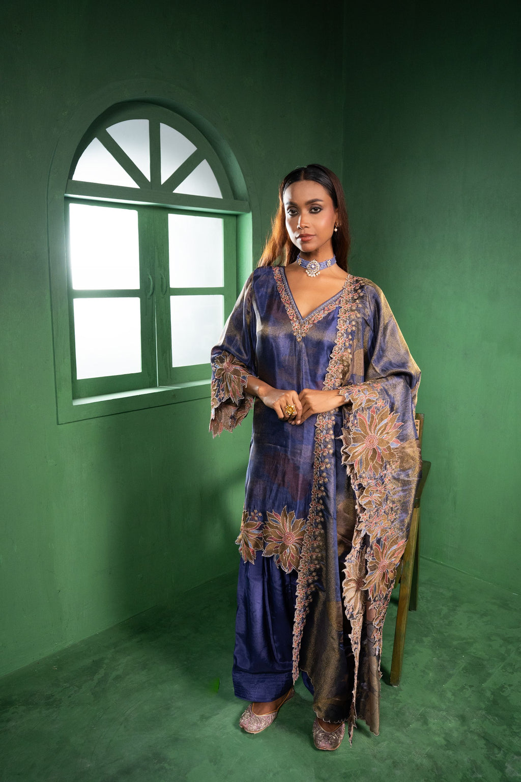 Aas Tissue Embroidered Violet  Kurta with Farsi Salwar