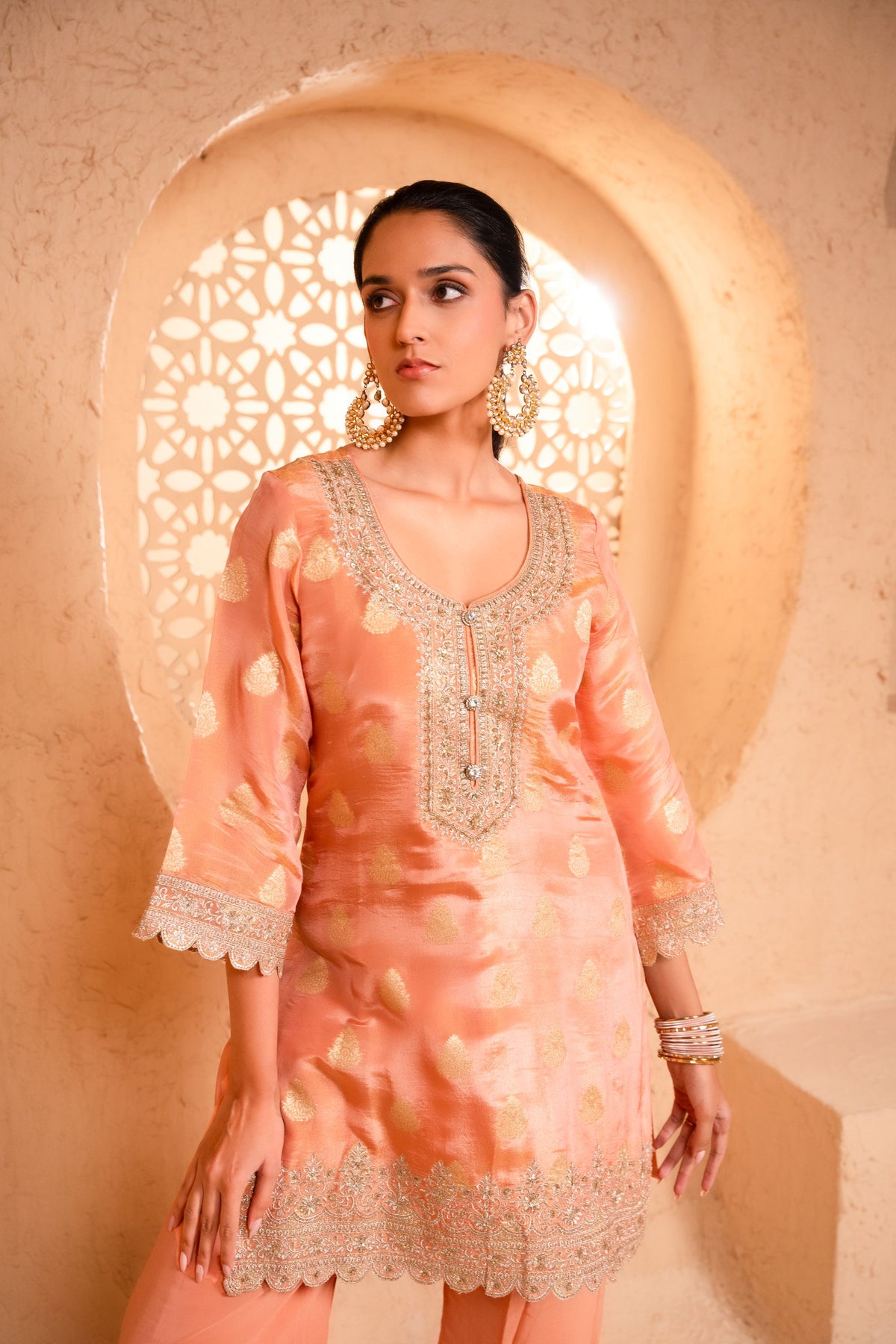Isvan Tissue Embroidered Peach  Suit Set
