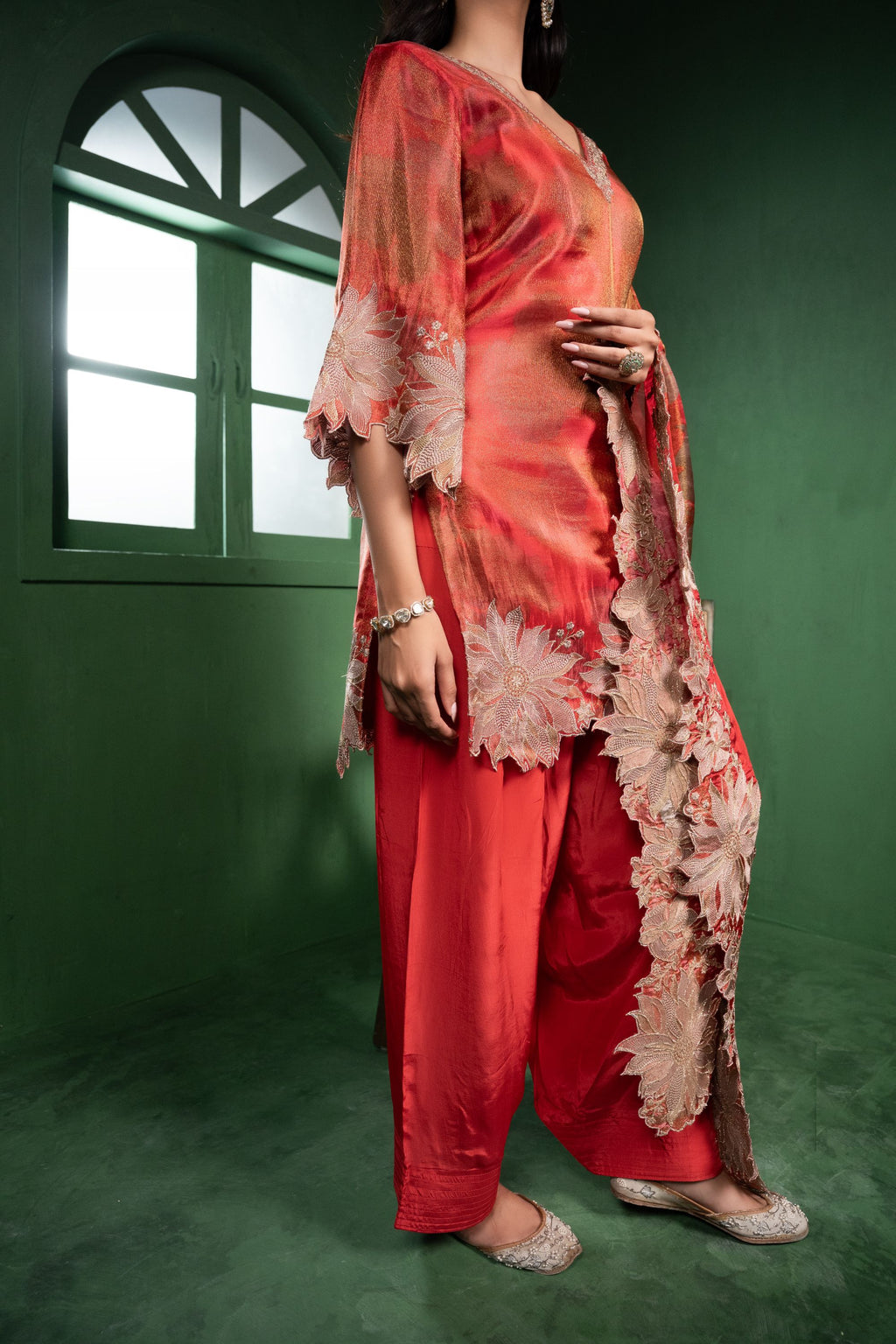 Aas Tissue Embroidered Red  Kurta with Farsi Salwar