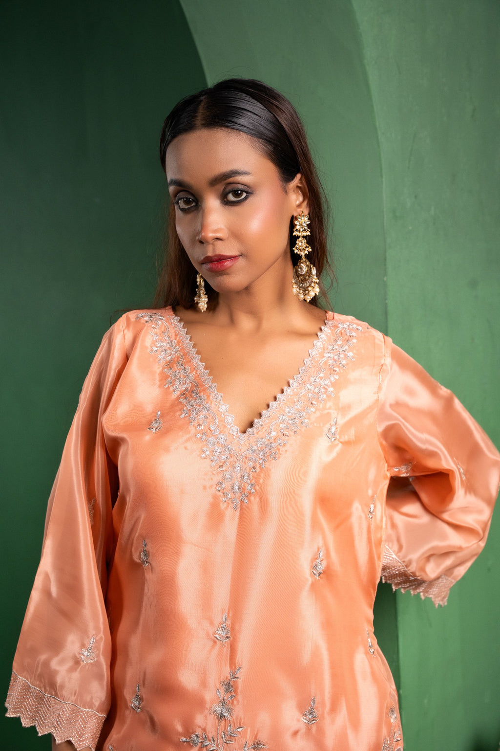 Rang Organza Embroidered Peach  Kurta with Farsi Salwar