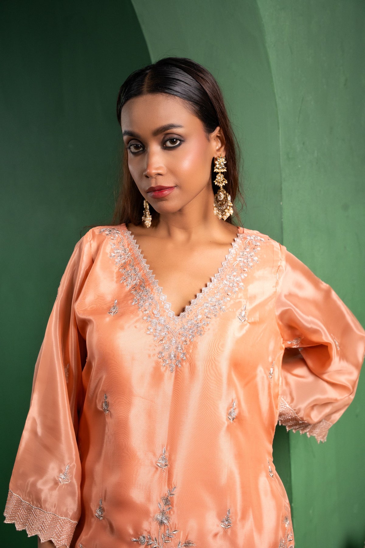 Rang Organza Embroidered Peach  Kurta with Farsi Salwar