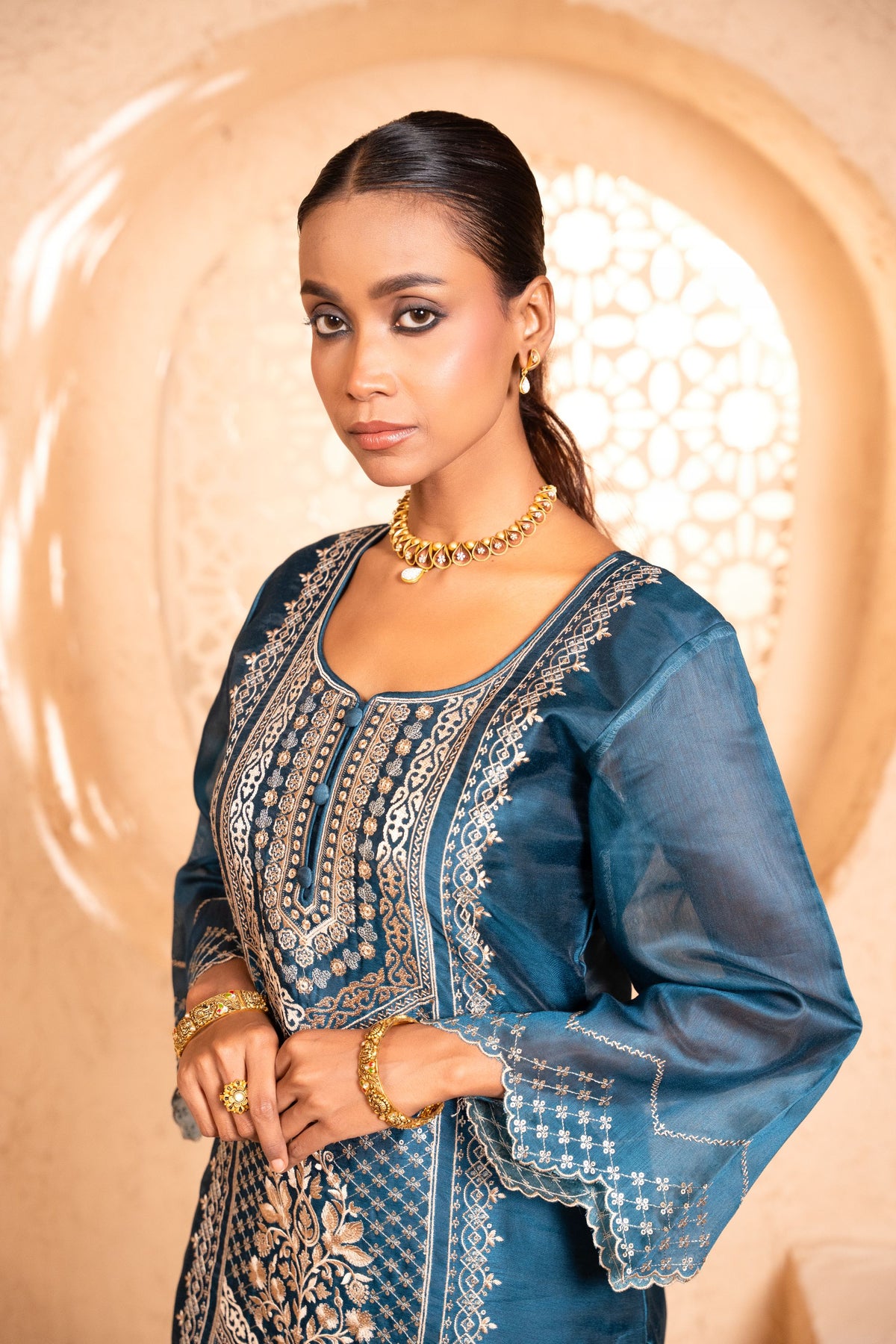 Sanjh Chanderi Embroidered Navy Blue  Suit Set