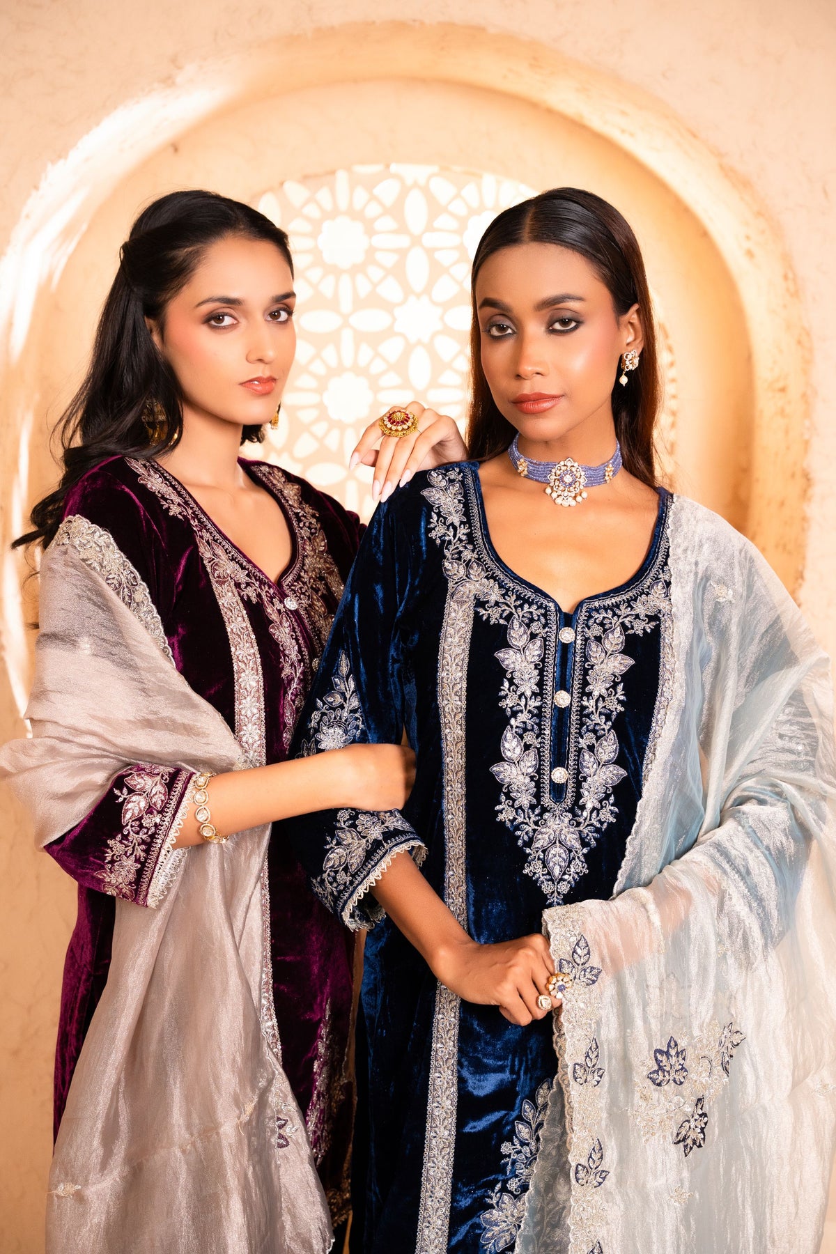Zariya Silk Velvet Embroidered Navy Blue  Suit Set