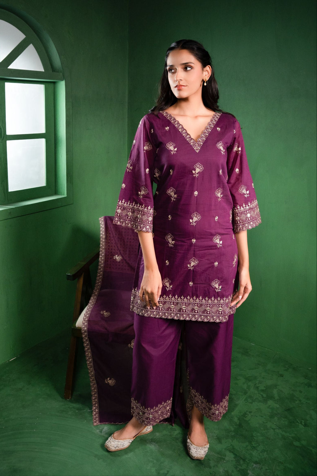 Noor Chanderi Embroidered Burgundy  Suit Set