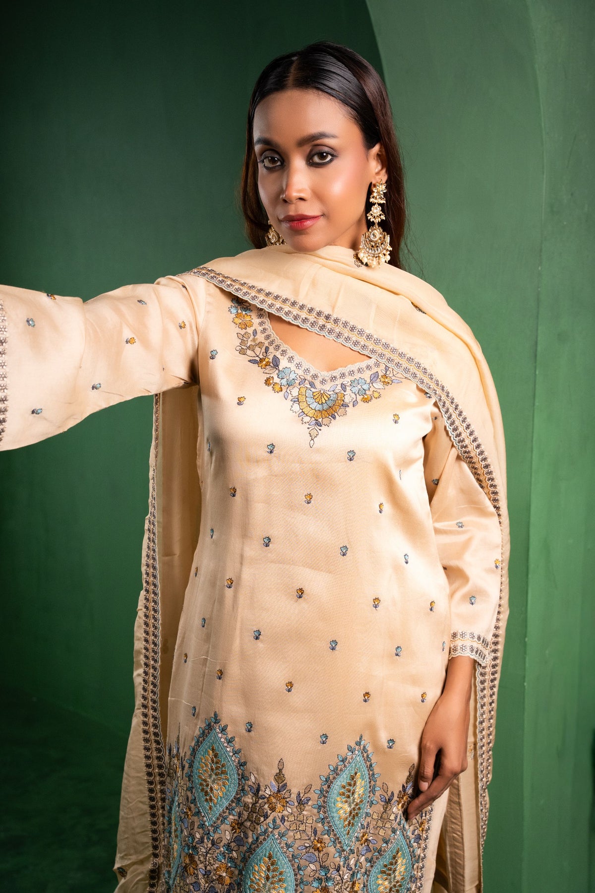 Meher Silk Chanderi Embroidered Beige  Suit Set