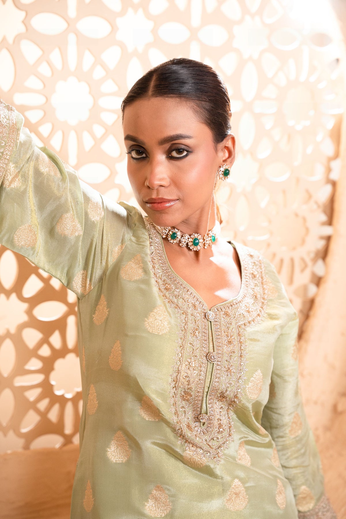 Isvan Tissue Embroidered Green  Suit Set