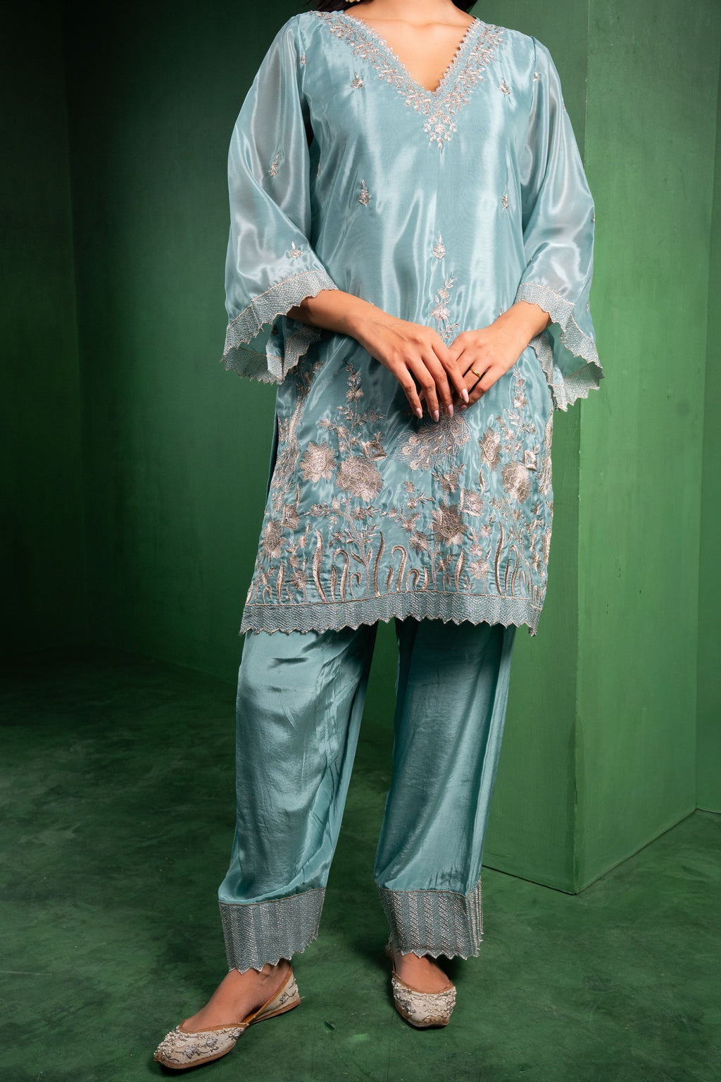 Rang Organza Embroidered Cadet Blue  Kurta with Farsi Salwar