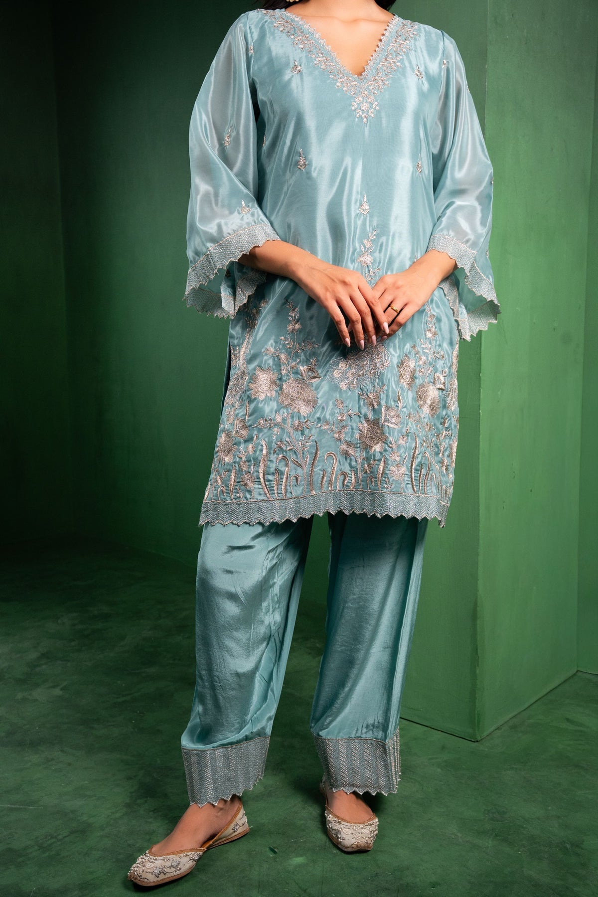 Rang Organza Embroidered Cadet Blue  Kurta with Farsi Salwar