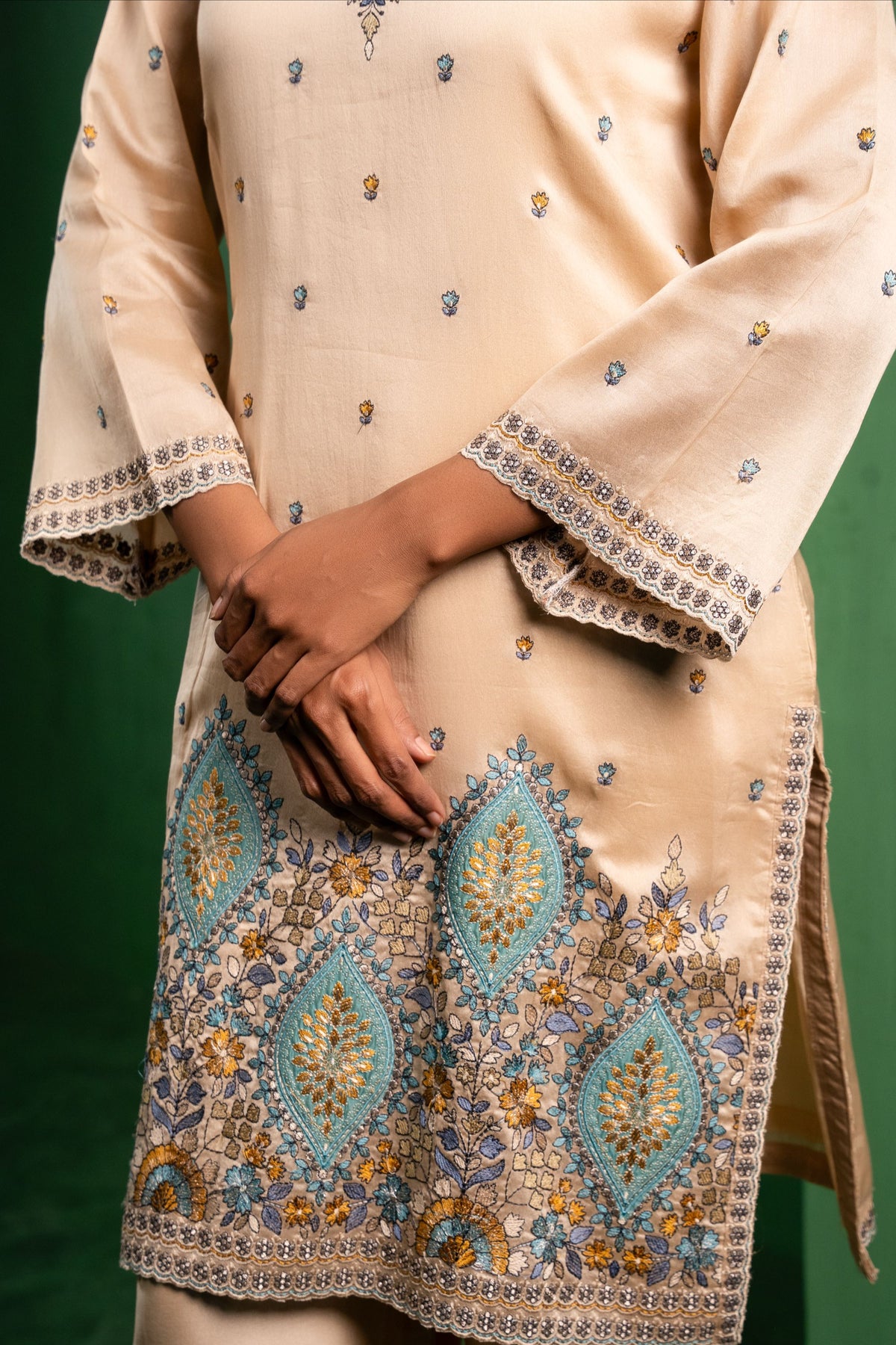Meher Silk Chanderi Embroidered Beige  Suit Set