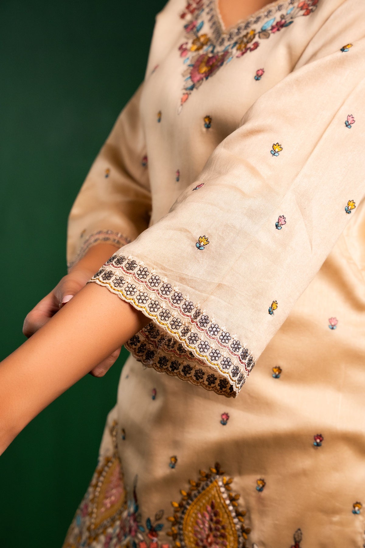 Meher Silk Chanderi Embroidered Beige  Suit Set
