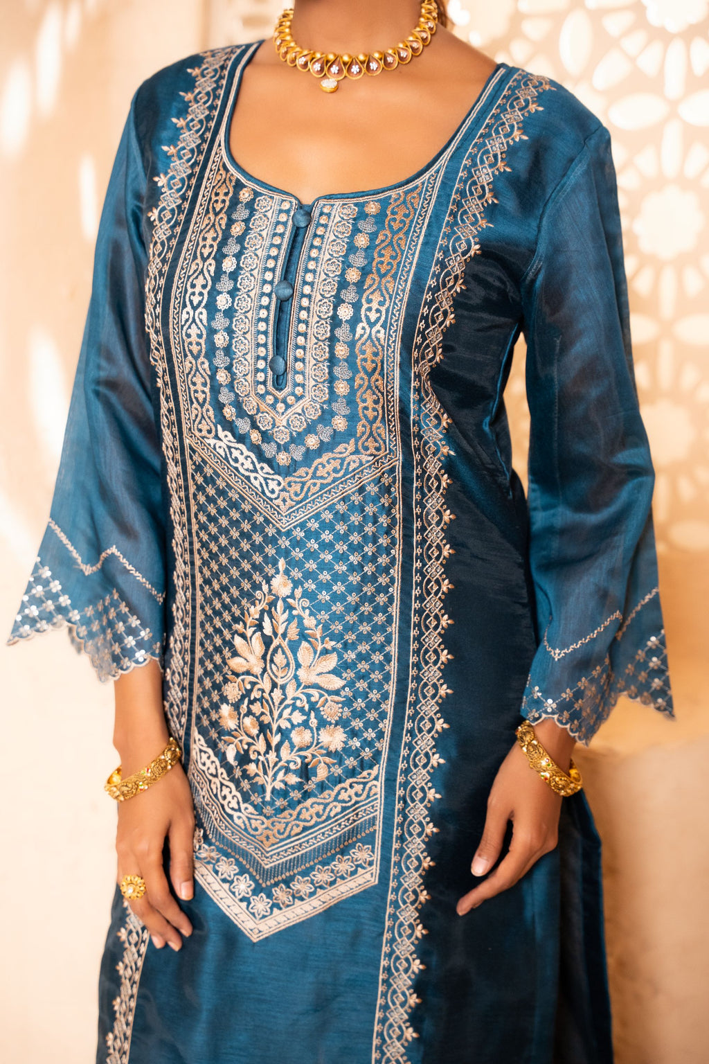 Sanjh Chanderi Embroidered Navy Blue  Suit Set