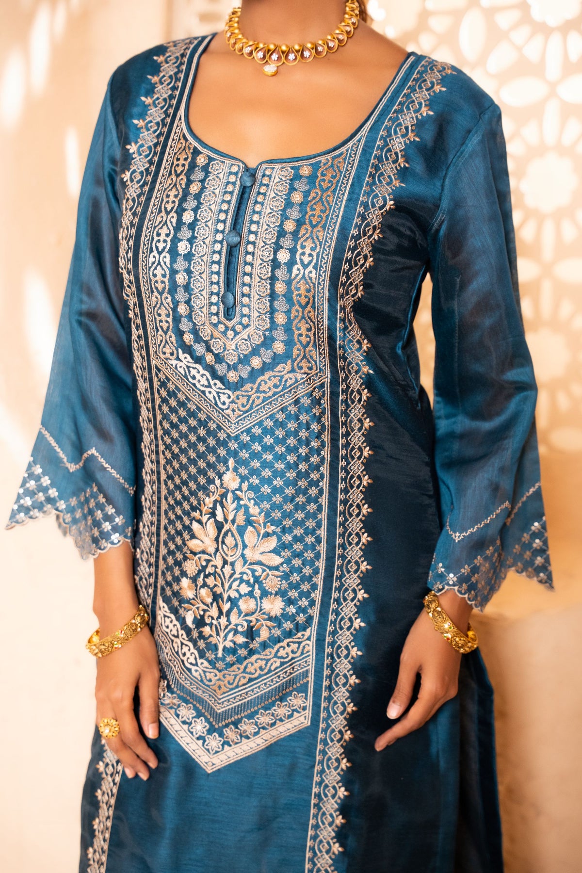 Sanjh Chanderi Embroidered Navy Blue  Suit Set
