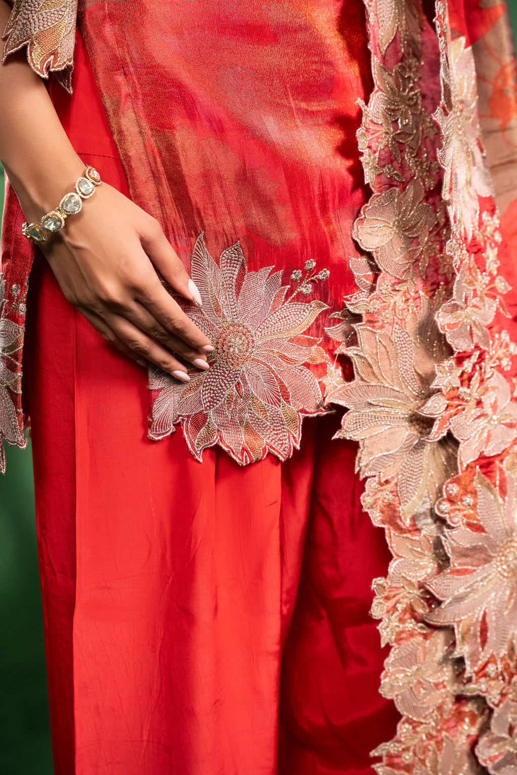 Aas Tissue Embroidered Red  Kurta with Farsi Salwar