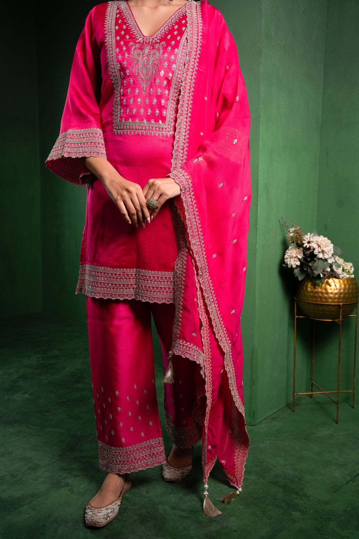 Ehsaas Silk Chanderi Embroidered Raspberry Suit Set