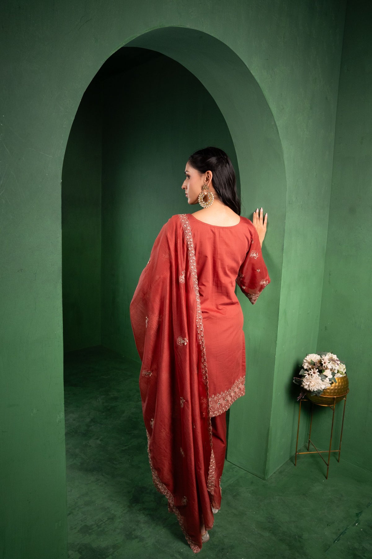Noor Chanderi Embroidered Rust  Suit Set