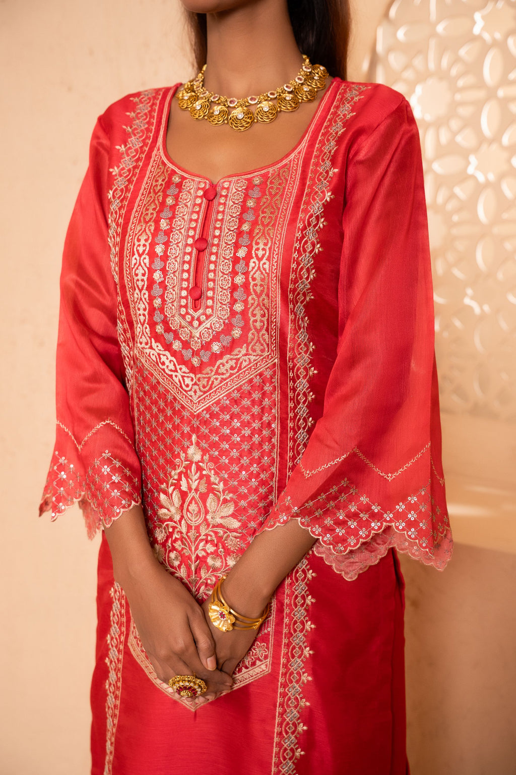 Sanjh Chanderi Embroidered Red  Suit Set