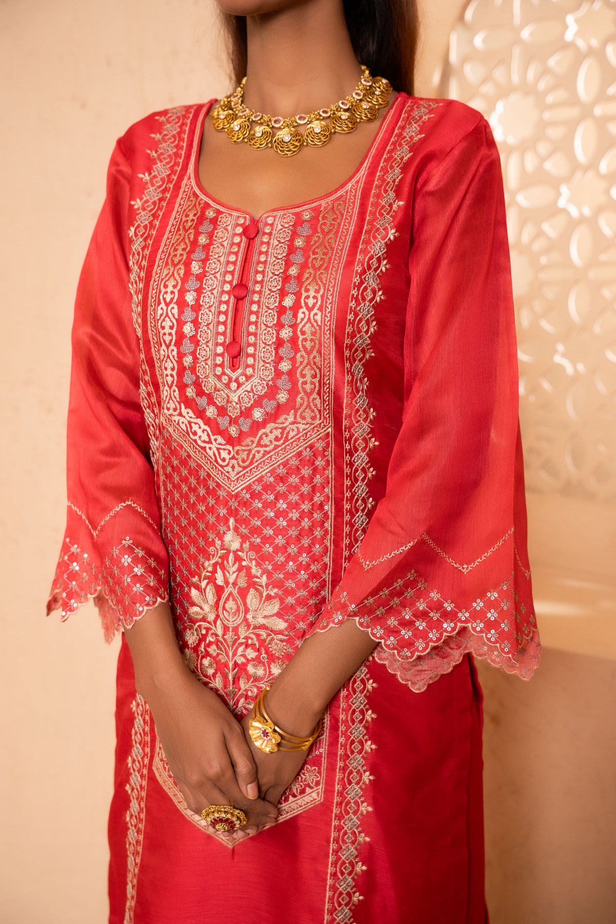 Sanjh Chanderi Embroidered Red  Suit Set