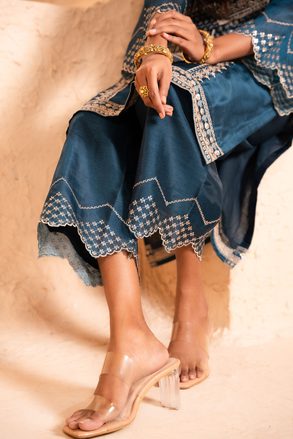 Sanjh Chanderi Embroidered Navy Blue  Suit Set