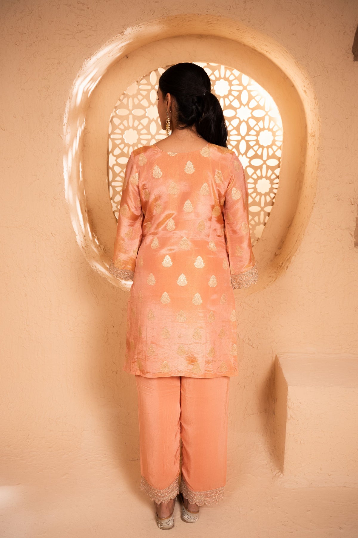 Isvan Tissue Embroidered Peach  Suit Set