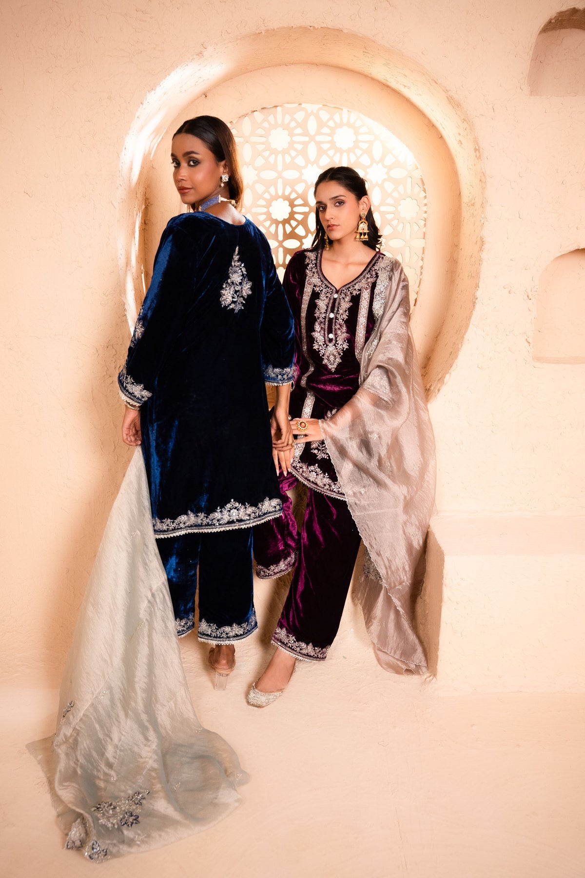 Zariya Silk Velvet Embroidered Navy Blue  Suit Set