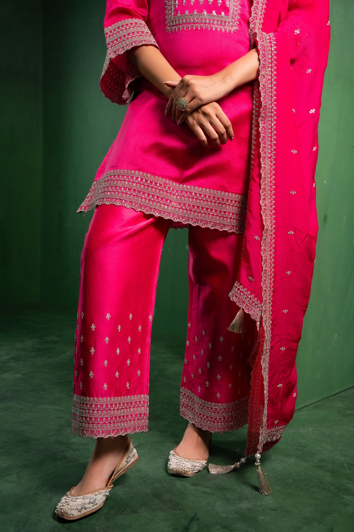Ehsaas Silk Chanderi Embroidered Raspberry Suit Set
