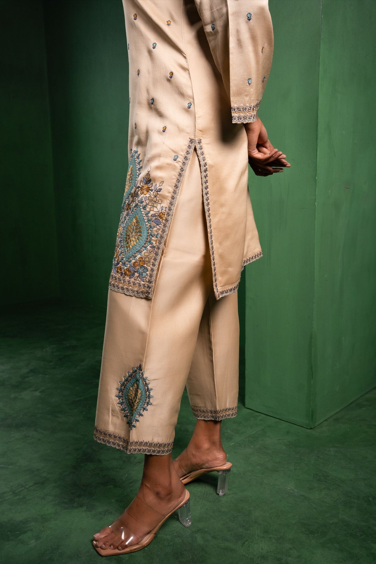 Meher Silk Chanderi Embroidered Beige  Suit Set