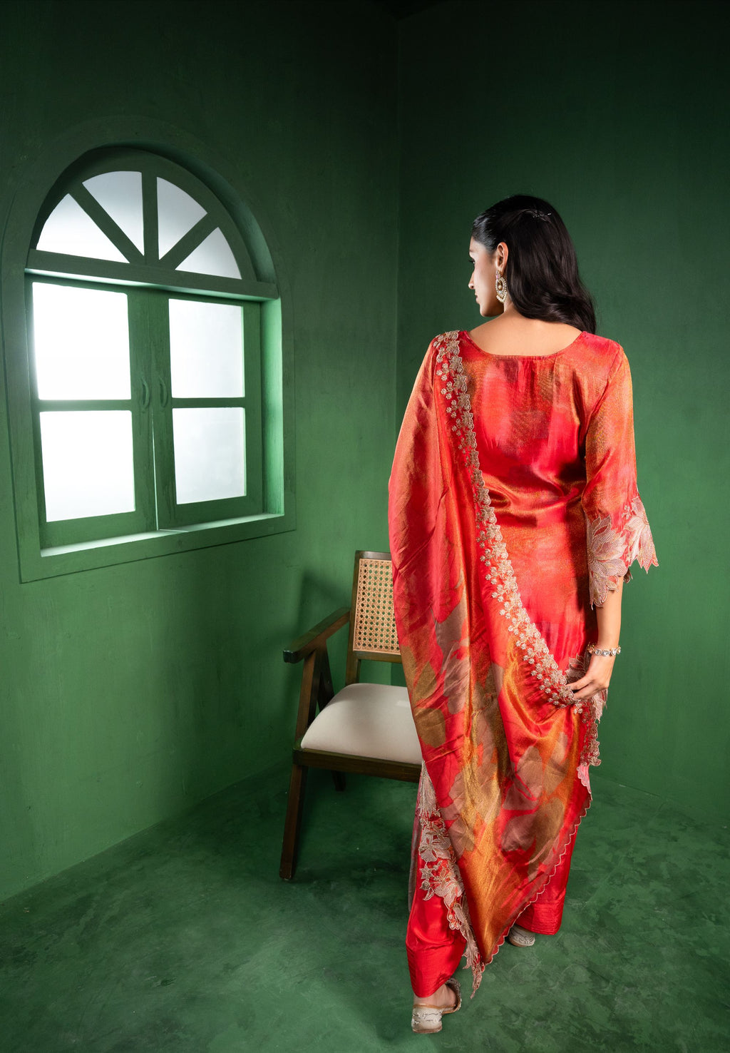 Aas Tissue Embroidered Red  Kurta with Farsi Salwar