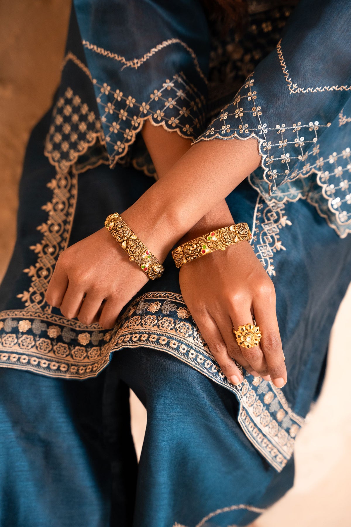 Sanjh Chanderi Embroidered Navy Blue  Suit Set