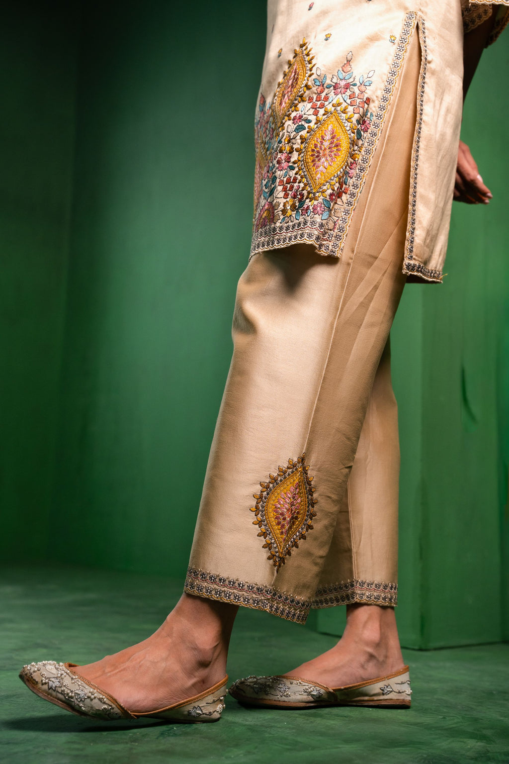 Meher Silk Chanderi Embroidered Beige  Suit Set