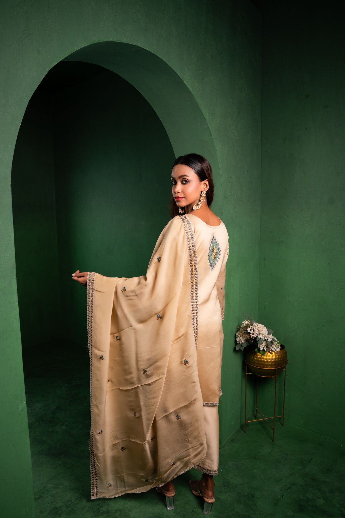 Meher Silk Chanderi Embroidered Beige  Suit Set