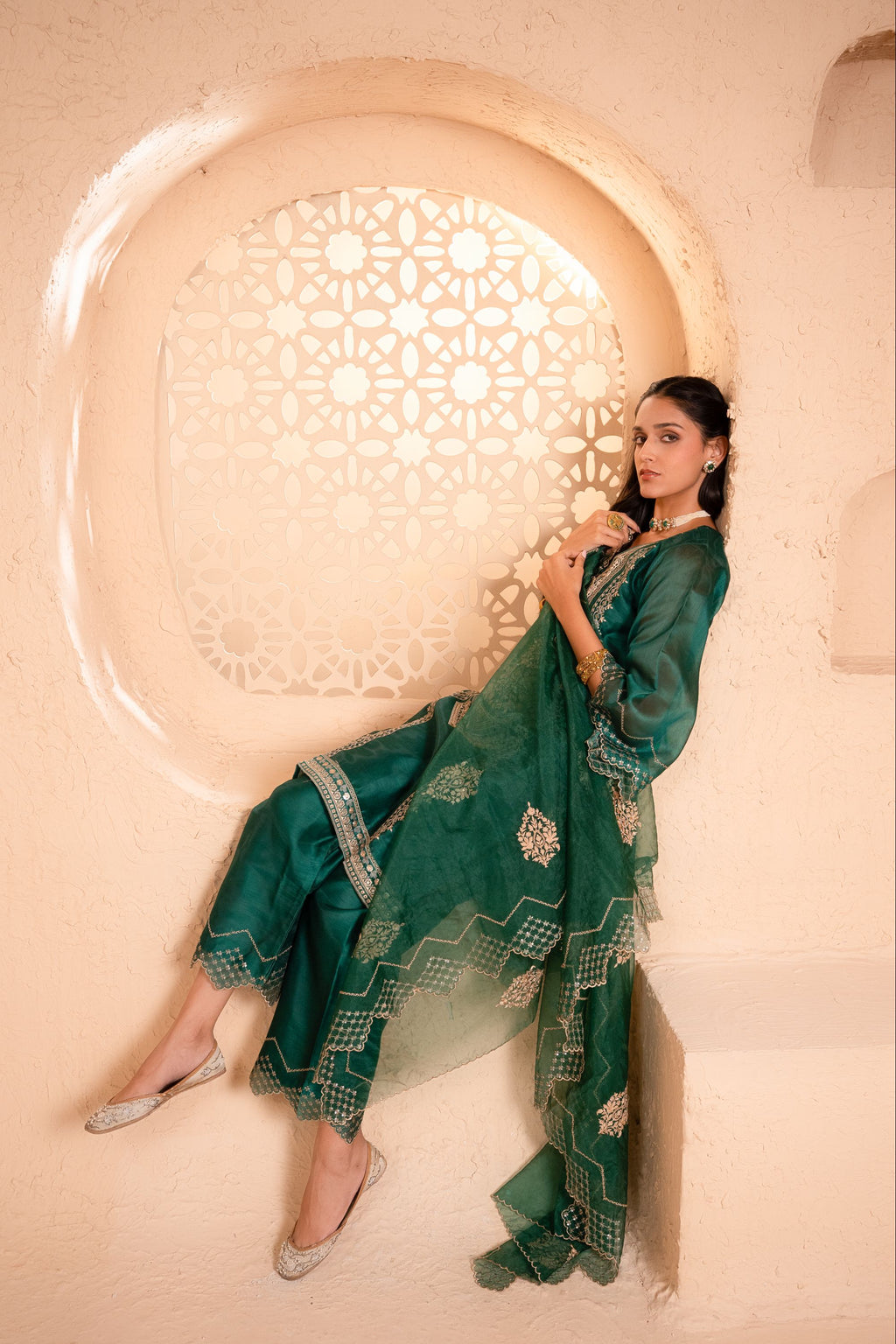 Sanjh Chanderi Embroidered Emerald  Suit Set