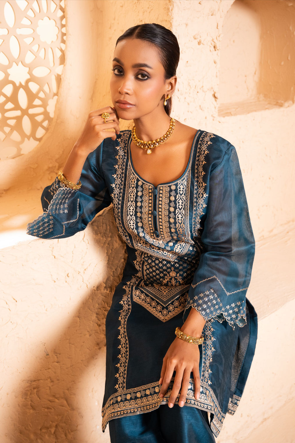 Sanjh Chanderi Embroidered Navy Blue  Suit Set