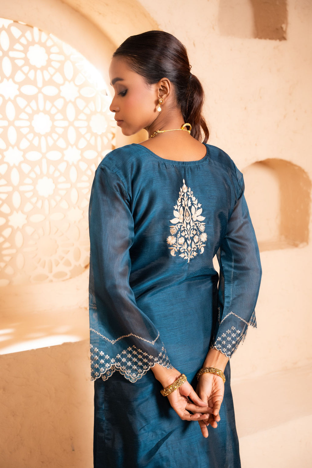 Sanjh Chanderi Embroidered Navy Blue  Suit Set