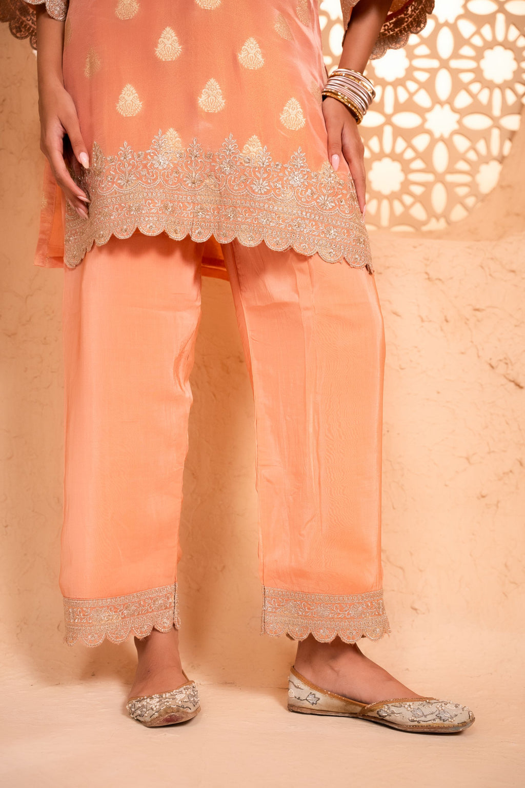Isvan Tissue Embroidered Peach  Suit Set