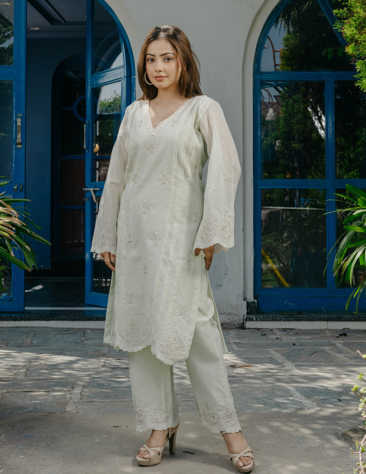 Jogan chanderi embroidered lace work light green suit set