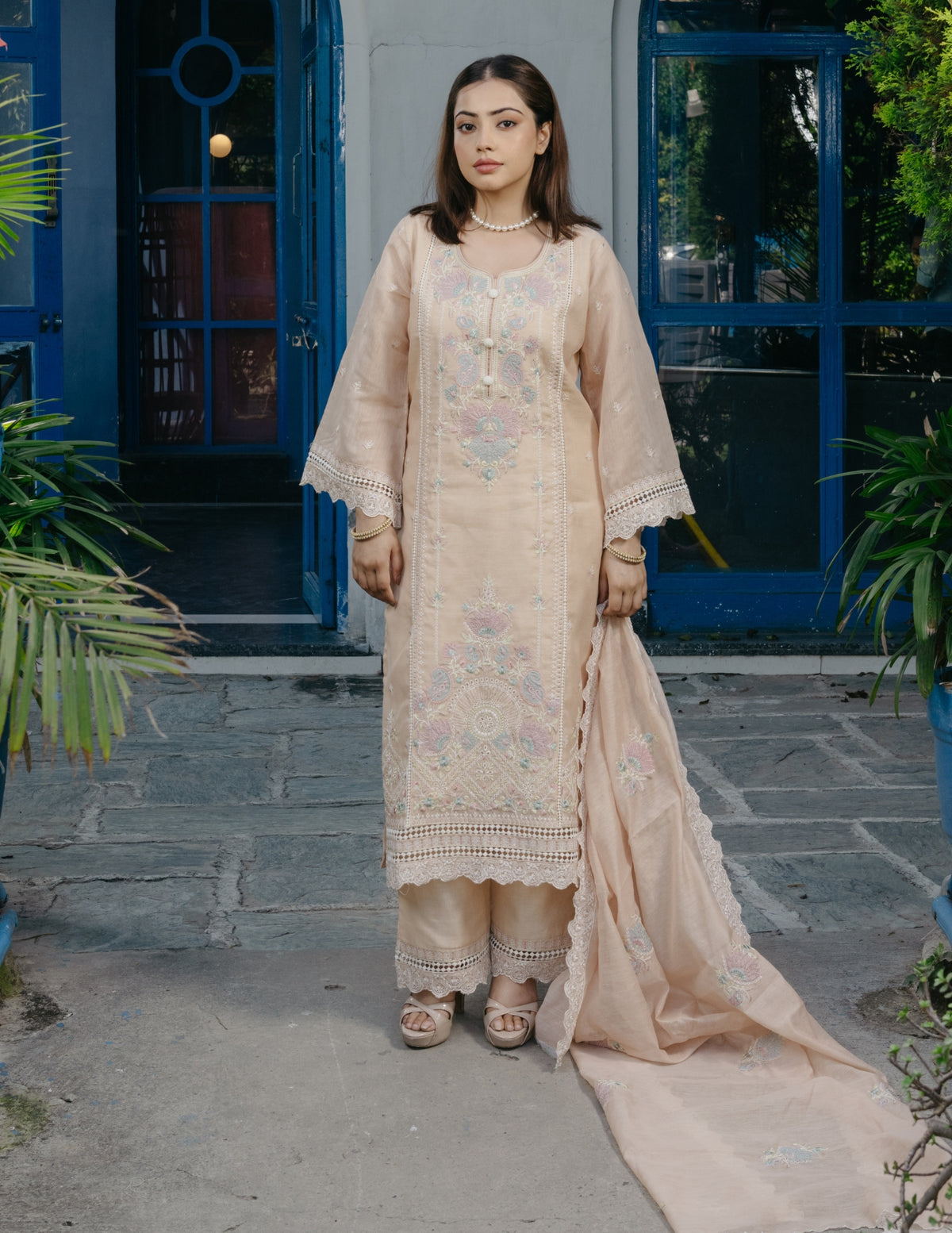 Inaya mul chanderi embroidered yellow suit set