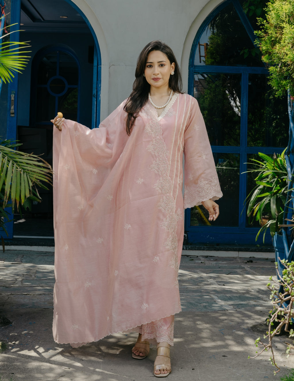Jogan chanderi lace work  embroidered pink suit set