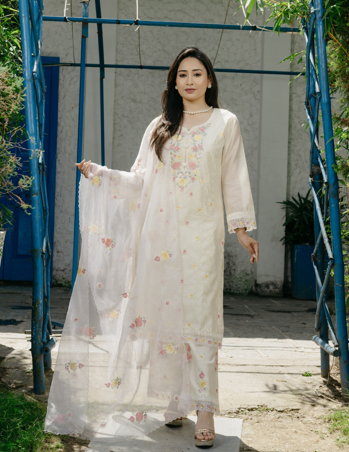Ishq chanderi parsi style embroidered cream suit set