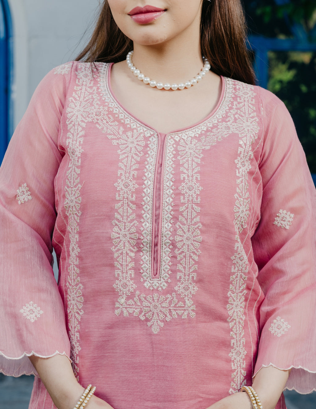 Noor mul chanderi embroidery peach suit set