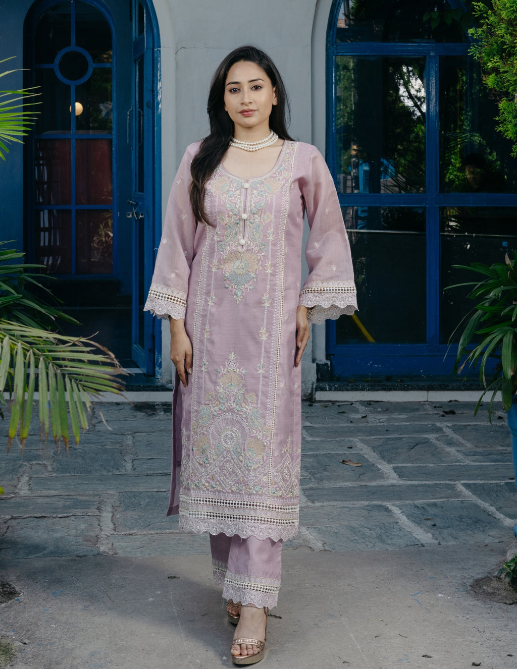 Inaya mul chanderi embroidered purple suit set