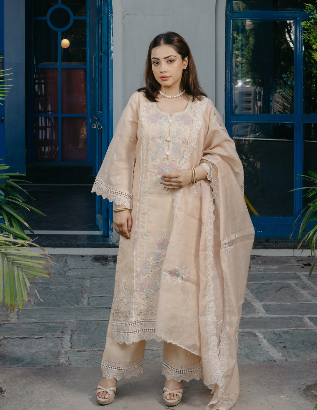 Inaya mul chanderi embroidered yellow suit set