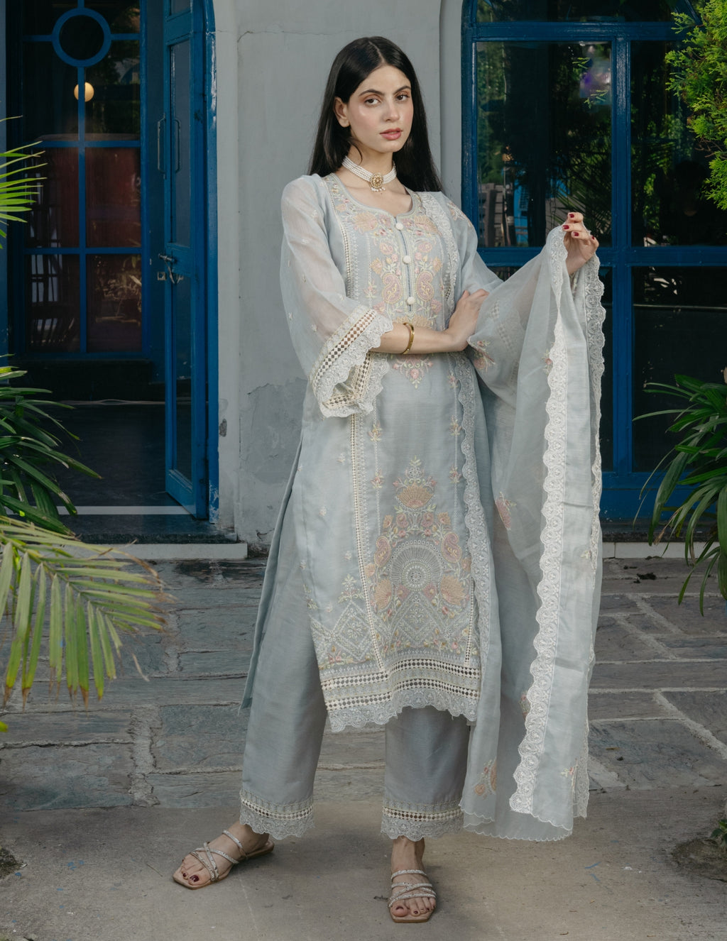 Inaya mul chanderi embroidered blue suit set