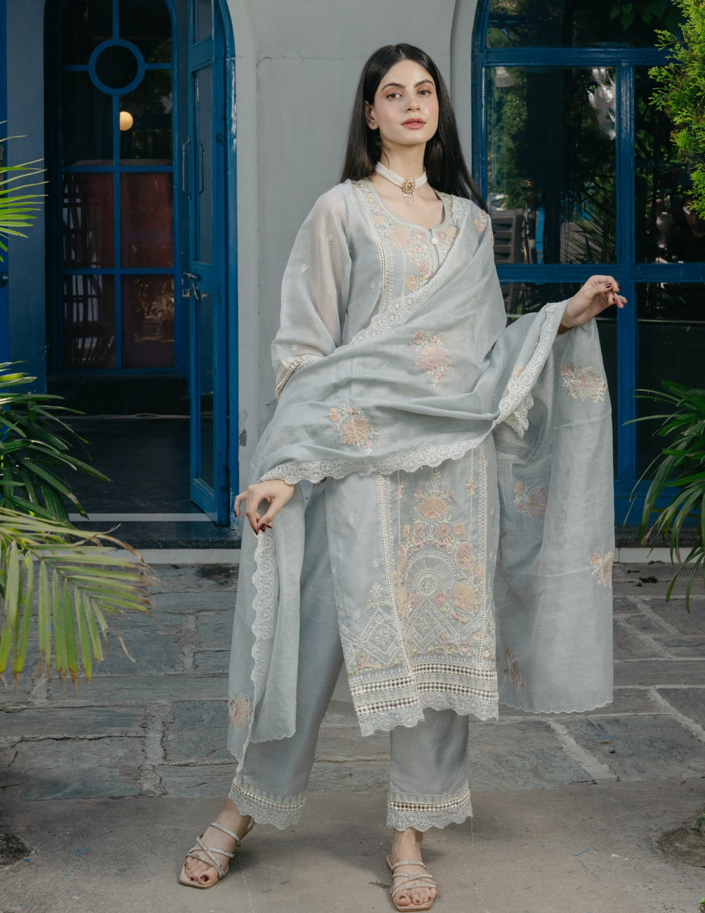 Inaya mul chanderi embroidered blue suit set